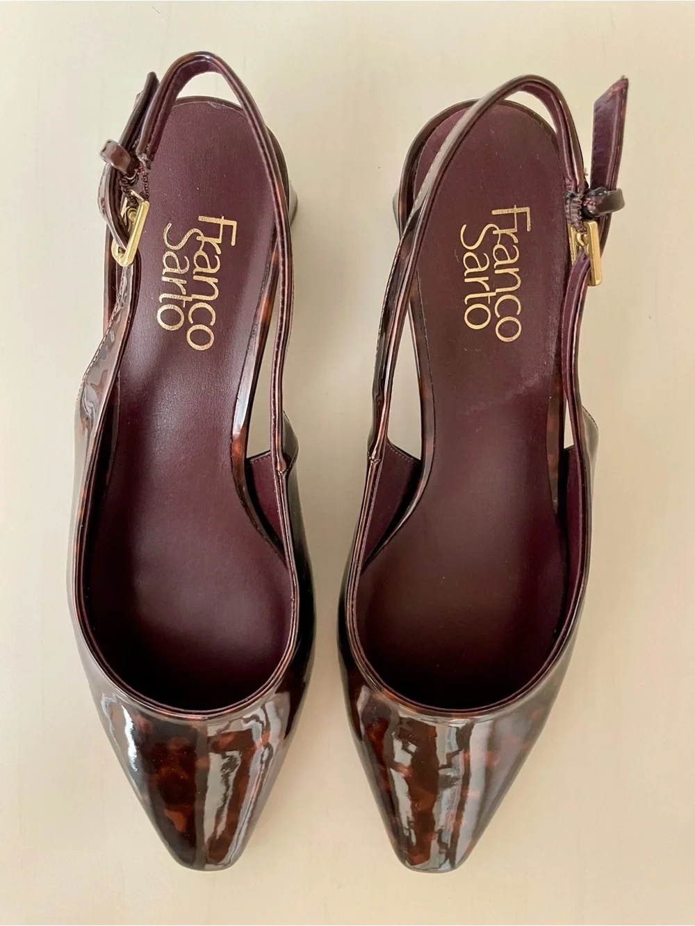 Franco Sarto Brown Tortoiseshell Patent Slingback Heels